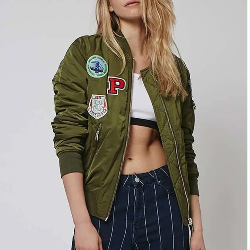 TOPSHOP Olive Green Bomber Jacket with Patches
